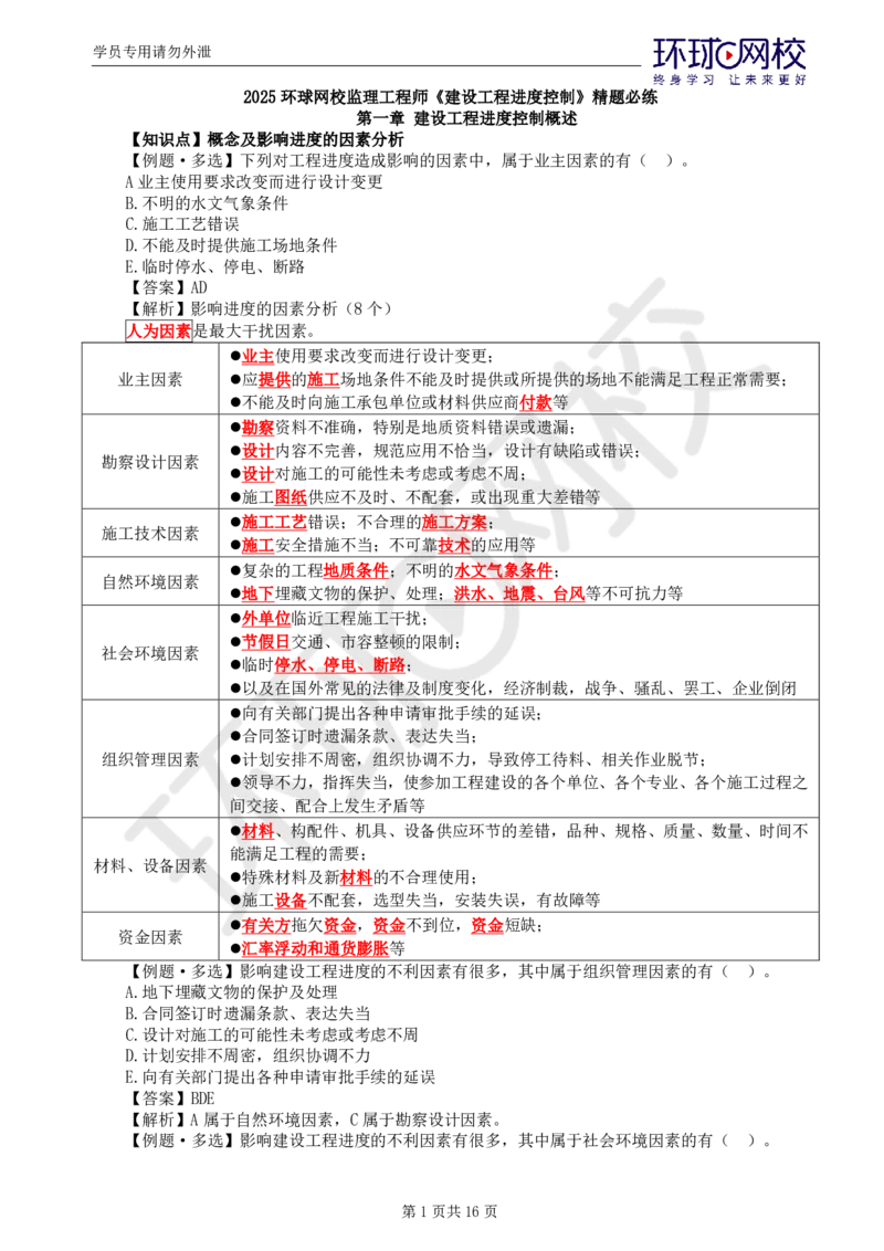 第1讲进度：精题必练（一）_监理工程师_2025监理工程师_2025年监理工程师SVIP_2025年监理土建控制SVIP_03-习题精析✿实战特训✿模考通关_讲义