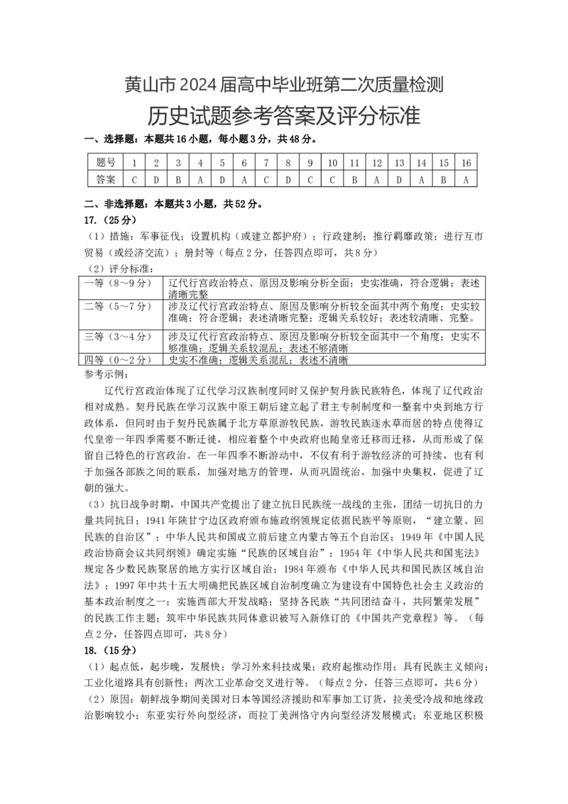 高三历史参考答案_2024年4月_01按日期_11号_2024届安徽省黄山宣城高三第二次质量检测_安徽省黄山市2024届高三下学期第二次质量检测试题（二模）历史