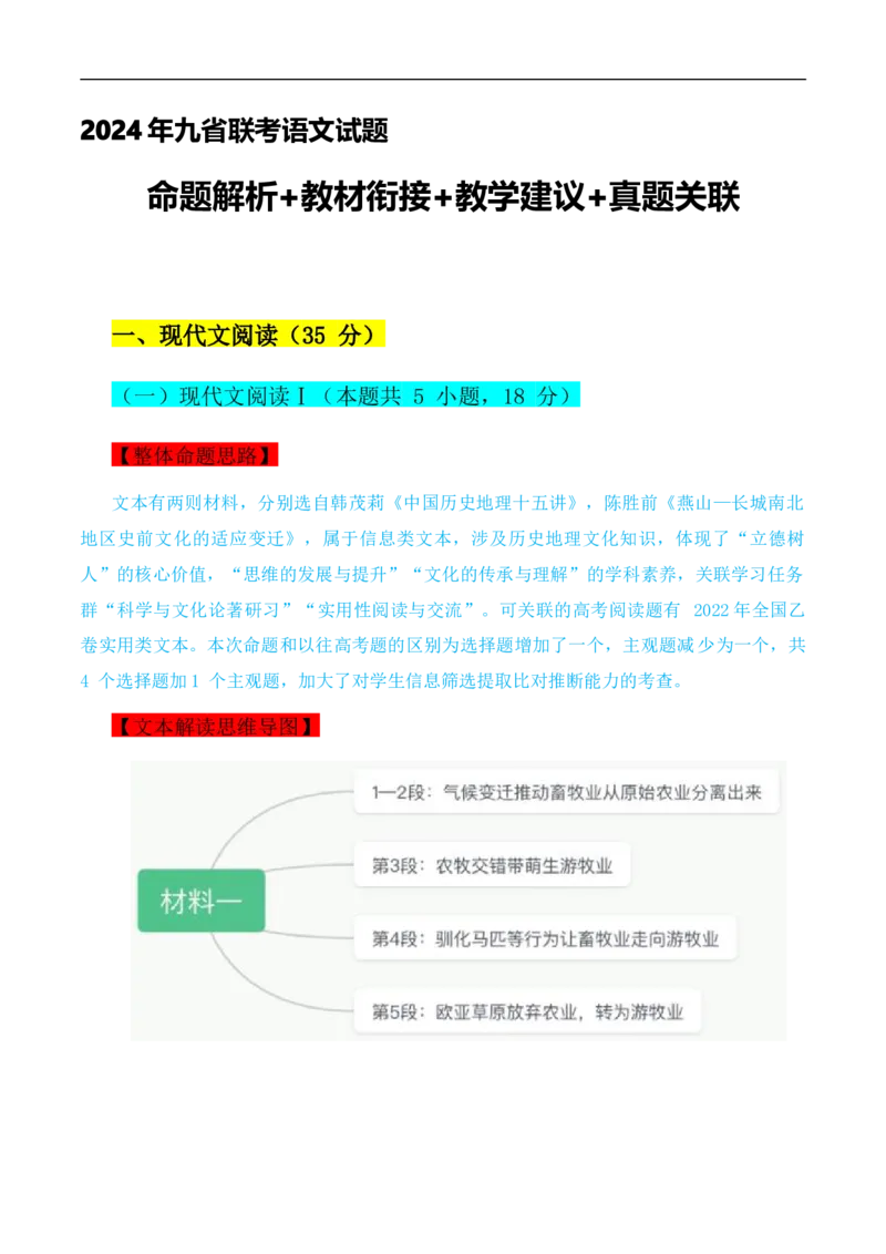 （真题解读）2024年九省联考语文试题之命题解析+教材衔接+教学建议+真题关联_2024年4月_其他_2024年1月新&ldquo;九省联考&rdquo;考后提升卷（原卷+解析）