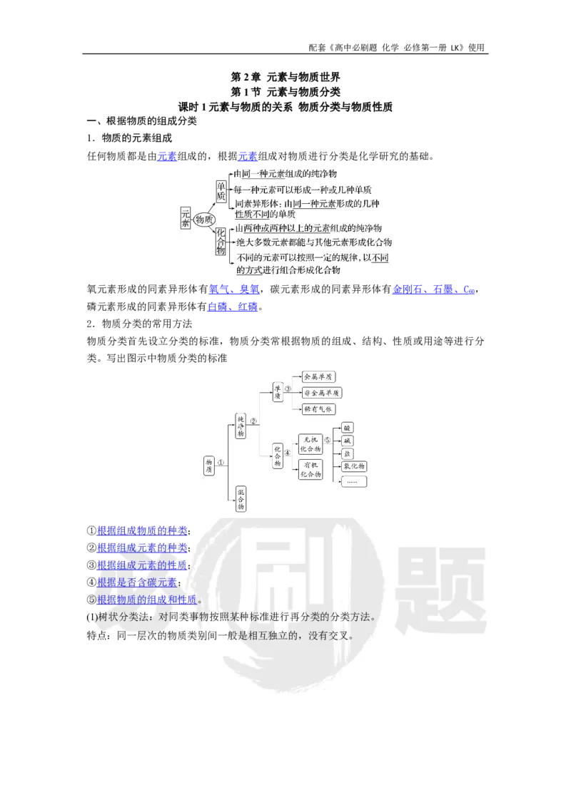 第2章第1节课时1元素与物质的关系物质分类与物质性质_化学_2026版高中必刷题化学《鲁科》_化学-鲁科-必修一_答案2026高中必刷题化学必修第一册LK_电子预习卡答案