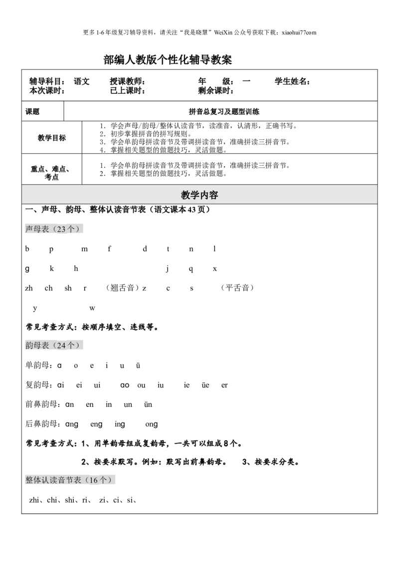 小学一年级上册语文资料-拼音总复习及题型训练-教案_小学1-6年级全部试卷_语文_一年级_3-6-1、小学一年级语文上册_3-6-1-3、课件、讲义、教案