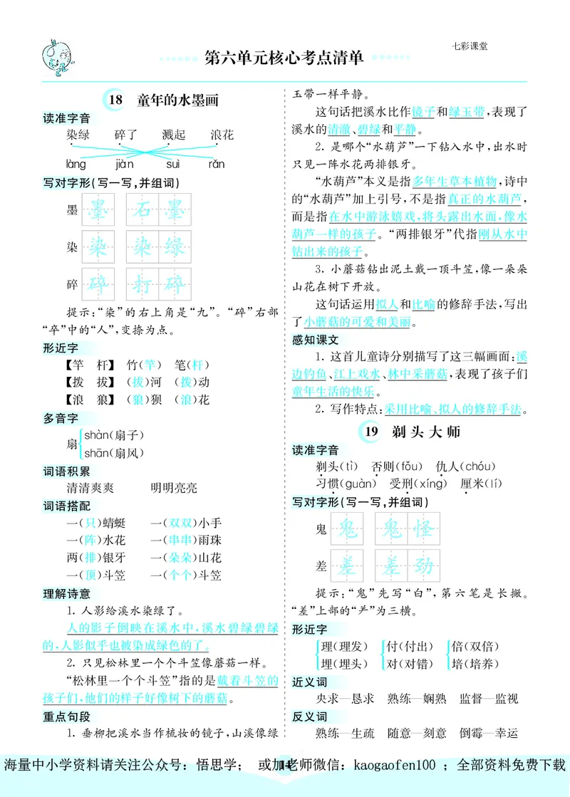 小学三年级下册-部编版语文：第六单元核心考点清单_小学1-6年级全部试卷_语文_三年级_3-8-2、小学三年级语文下册_3-8-2-1、学习资料、复习、知识点、归纳汇总_部编版