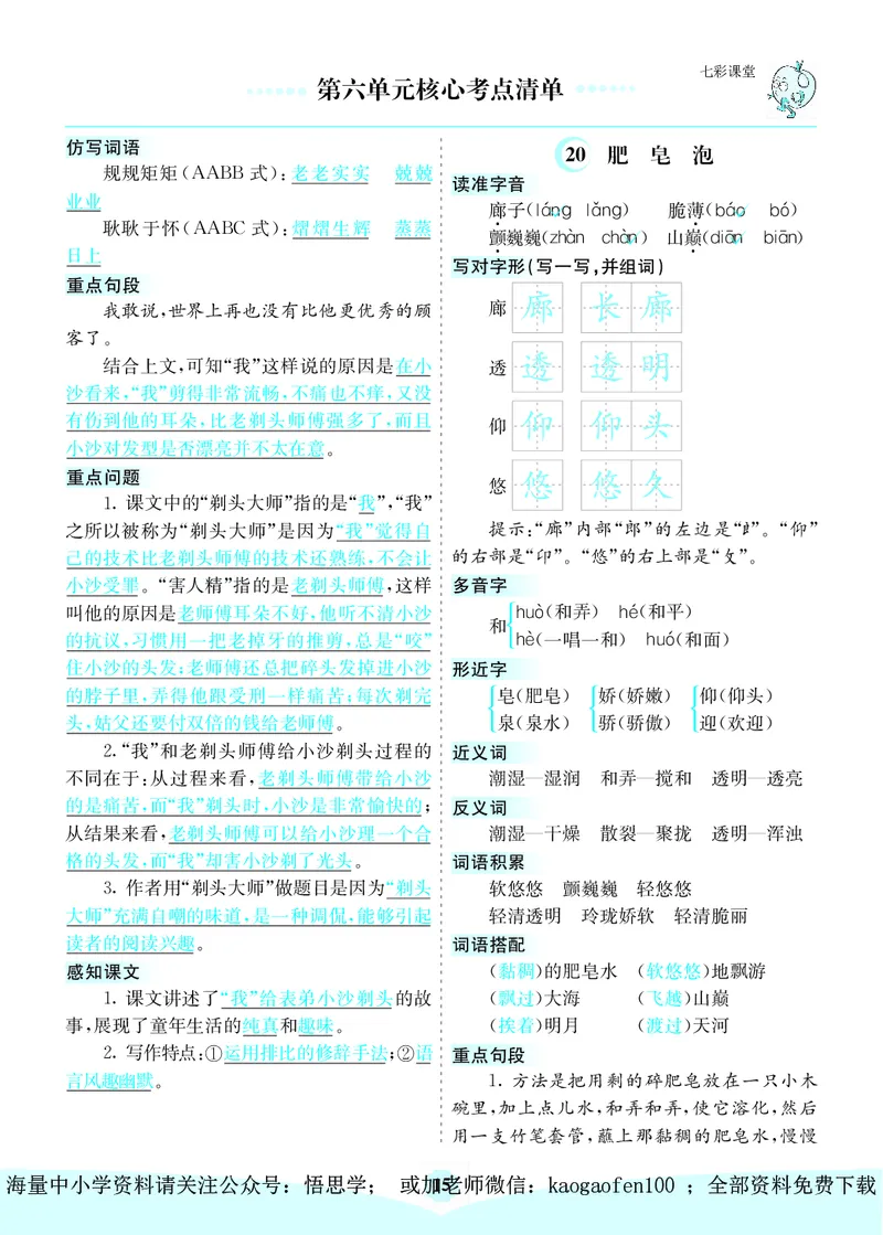 小学三年级下册-部编版语文：第六单元核心考点清单_小学1-6年级全部试卷_语文_三年级_3-8-2、小学三年级语文下册_3-8-2-1、学习资料、复习、知识点、归纳汇总_部编版