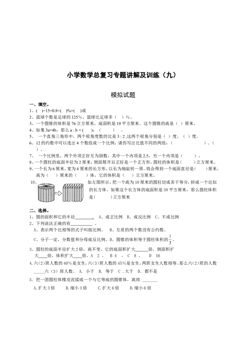 小升初总复习数学归类讲解及训练(下-含答案)_小学1-6年级全部试卷_数学_六年级_3-11-4、小学六年级数学下册_3-11-4-2、练习题、作业、试题、试卷_人教版_毕业试题