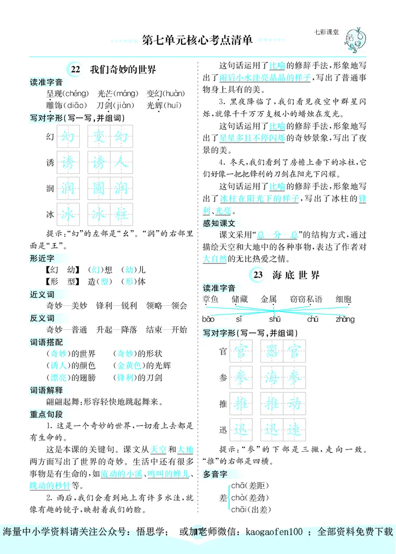 小学三年级下册-部编版语文：第七单元核心考点清单_小学1-6年级全部试卷_语文_三年级_3-8-2、小学三年级语文下册_3-8-2-1、学习资料、复习、知识点、归纳汇总_部编版