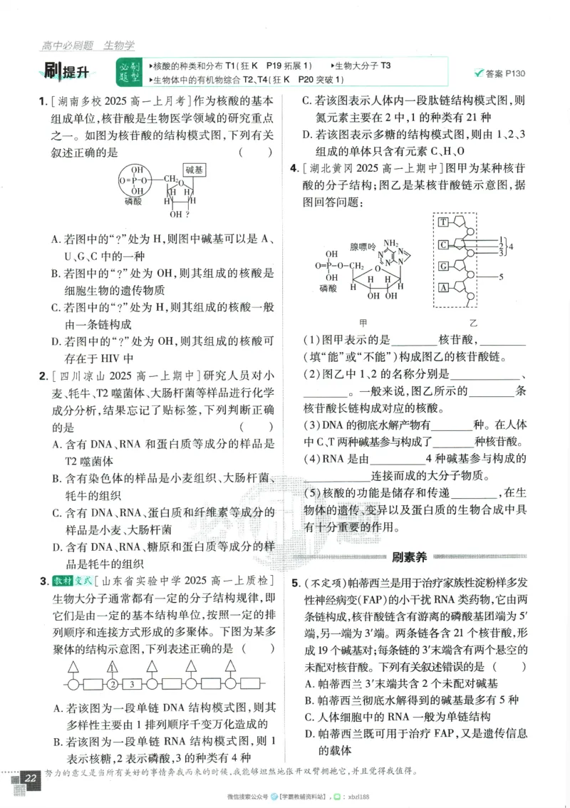 2026版《高中必刷题》生物RJ必修1_生物_2026版高中必刷题生物人教版_2026版高中必刷题生物必修1RJ