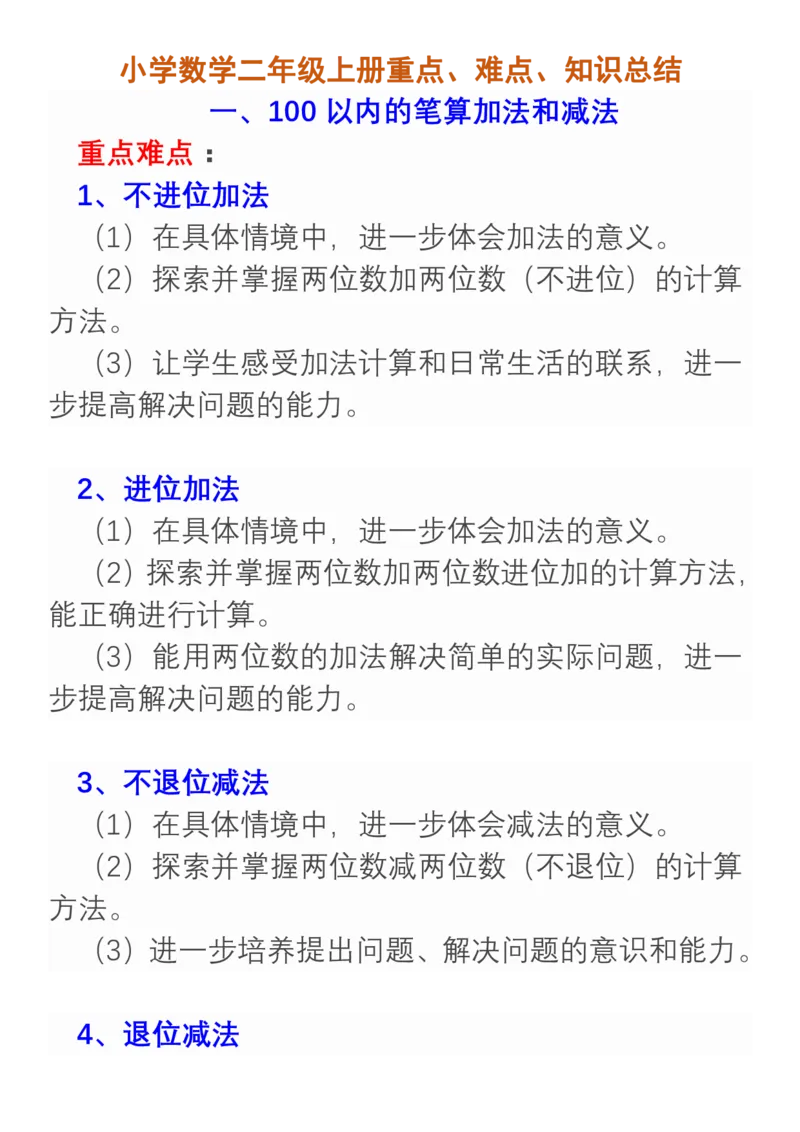 小学数学二年级上册重点、难点、知识总结_小学1-6年级全部试卷_数学_二年级_3-7-3、小学二年级数学上册_3-7-3-1、复习、知识点、归纳汇总_通用