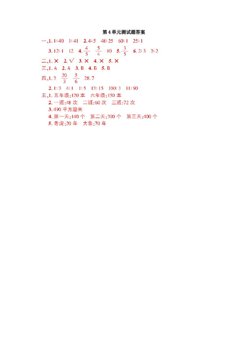 第四单元检测卷5_小学1-6年级全部试卷_数学_六年级_3-11-3、小学六年级数学上册_3-11-3-2、练习题、作业、试题、试卷_人教版_单元测试卷