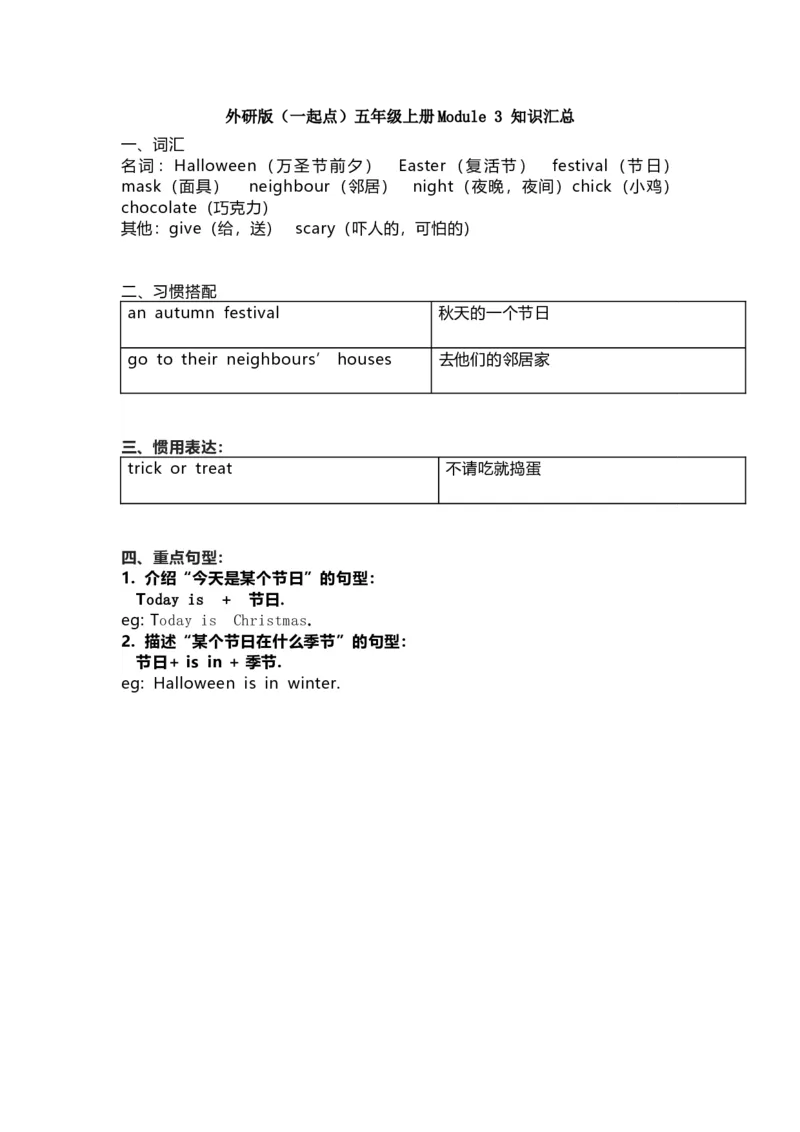 外研版一起点五年级上册Module3知识点汇总_小学1-6年级全部试卷_英语_五年级_3-10-5、小学五年级英语上册_3-10-5-1、复习、知识点、归纳汇总_外研版一起点