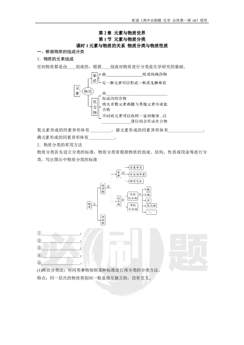第2章第1节课时1元素与物质的关系物质分类与物质性质_化学_2026版高中必刷题化学《鲁科》_化学-鲁科-必修一_2026高中必刷题化学必修第一册LK_电子预习卡
