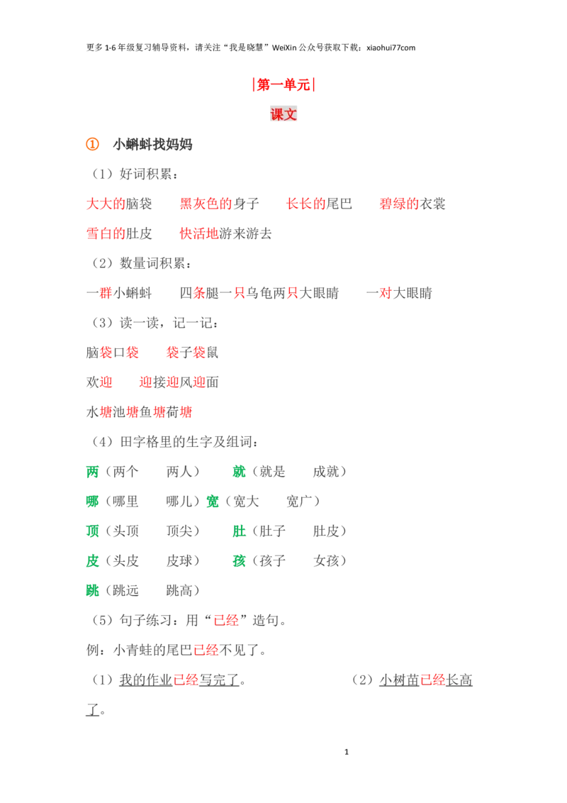 小学二年级上册-语文第一单元知识点_小学1-6年级全部试卷_语文_二年级_3-7-1、小学二年级语文上册_3-7-1-1、复习、知识点、归纳汇总_通用