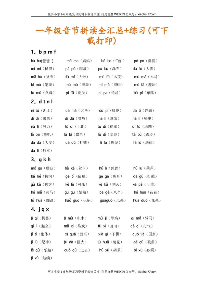 小学一年级上册语文资料-语文音节拼读全汇总（抖音）_小学1-6年级全部试卷_语文_一年级_3-6-1、小学一年级语文上册_3-6-1-1、复习、知识点、归纳汇总_通用