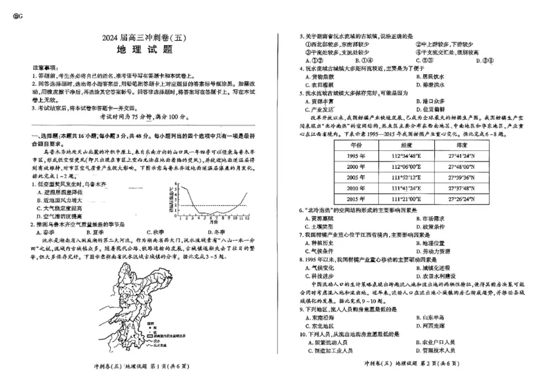 黑龙江2024届高三冲刺卷（五）地理试卷(1)_2024年5月_025月合集_2024届百师联盟高三下学期冲刺卷（五）