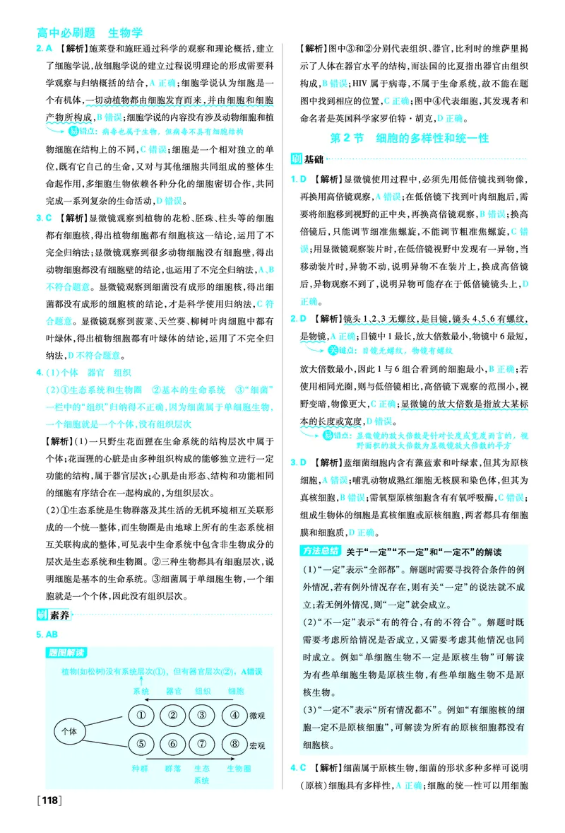 第1章走近细胞_生物_2026版高中必刷题生物人教版_2026版高中必刷题生物必修1RJ_2025秋高中必刷题生物学必修1分子与细胞RJ不定项选择题模式_图书答案