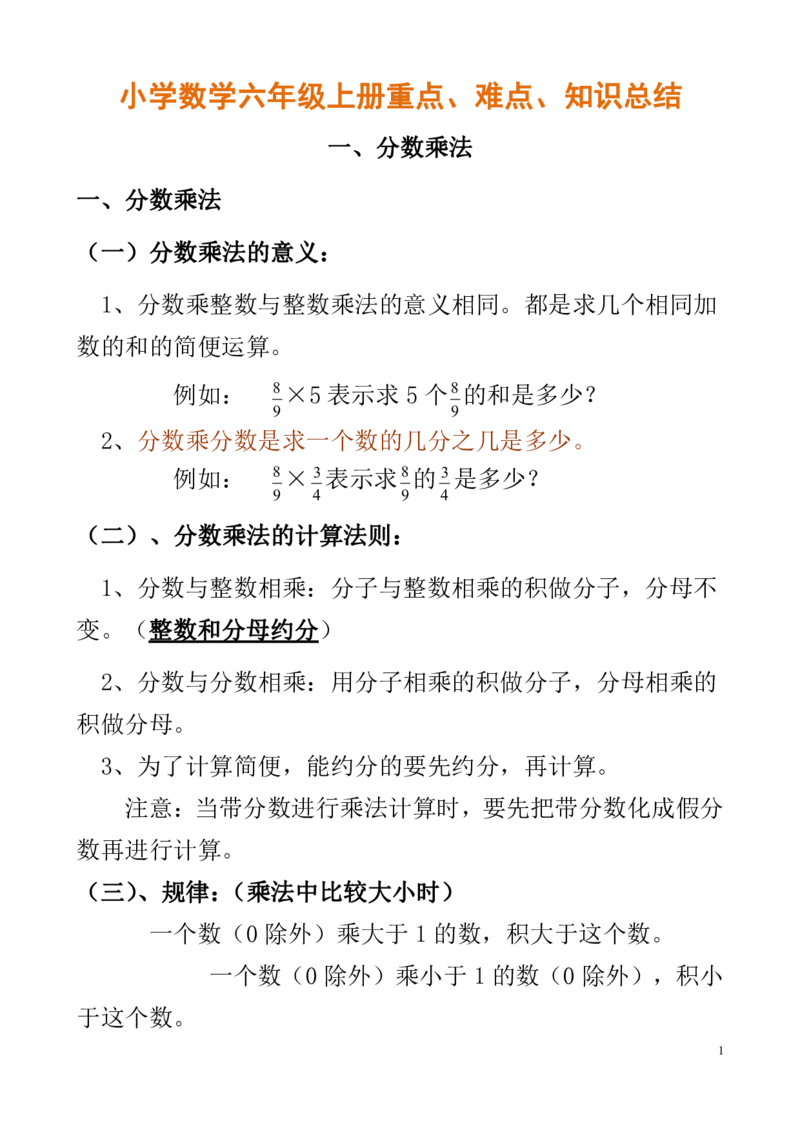 小学数学六年级上册重点、难点、知识总结_小学1-6年级全部试卷_数学_六年级_3-11-3、小学六年级数学上册_3-11-3-1、复习、知识点、归纳汇总_通用
