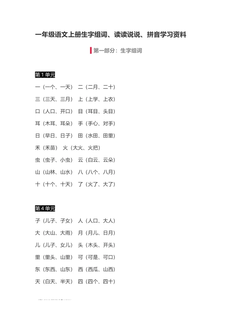 小学一年级上册语文-语文生字组词、读读说说、拼音学习资料_小学1-6年级全部试卷_语文_一年级_3-6-1、小学一年级语文上册_3-6-1-1、复习、知识点、归纳汇总_通用