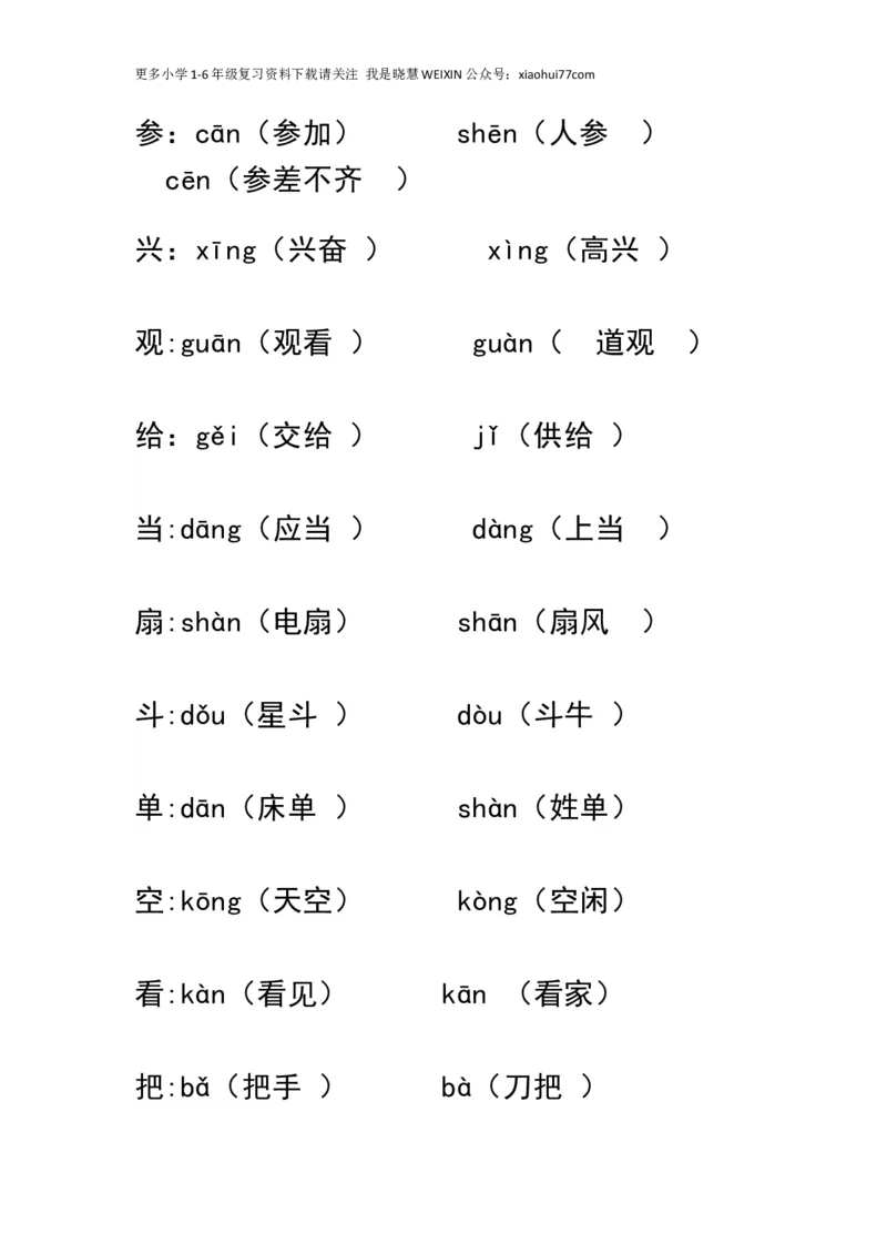 小学一年级上册语文资料-语文多音字汇总_小学1-6年级全部试卷_语文_一年级_3-6-1、小学一年级语文上册_3-6-1-1、复习、知识点、归纳汇总_通用