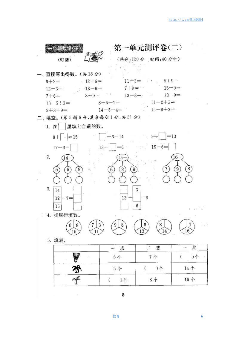 最新苏教版一年级数学下册试卷1全程测评卷(全套附答案)_小学1-6年级全部试卷_数学_一年级_3-6-4、小学一年级数学下册_3-6-4-2、练习题、作业、试题、试卷_苏教版