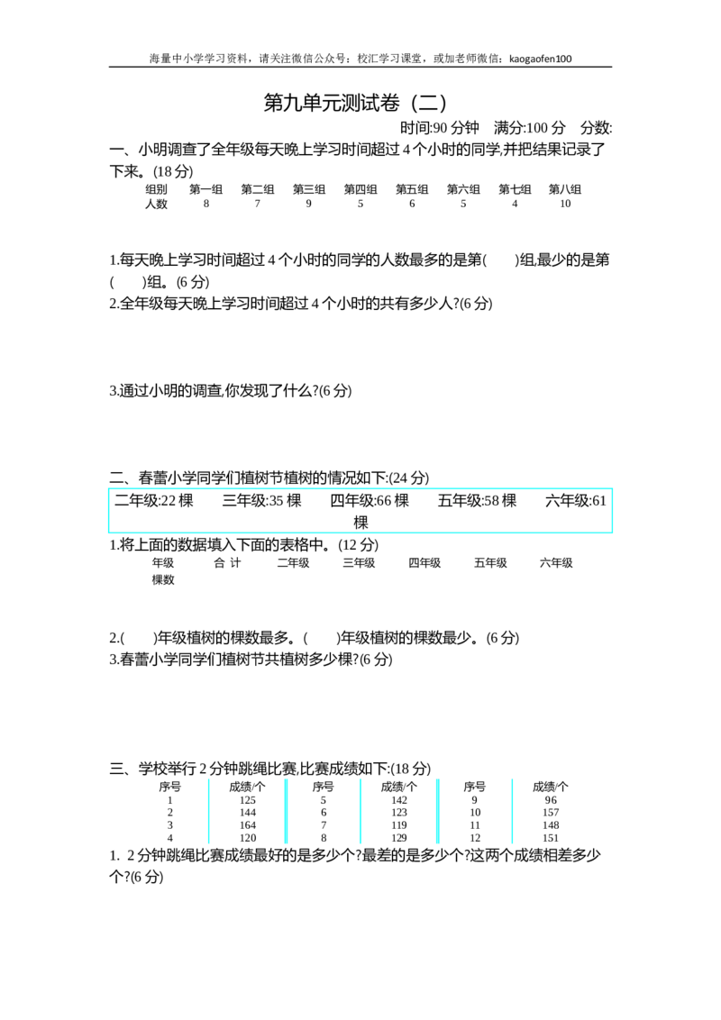 小学三年级下册（三下）苏教版数学第九单元检测卷.2_小学1-6年级全部试卷_数学_三年级_3-8-4、小学三年级数学下册_3-8-4-2、练习题、作业、试题、试卷_苏教版_单元测试卷