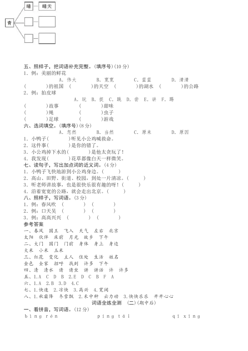 新人教版小学一年级下册语文期中测试题及答案4_小学1-6年级全部试卷_语文_一年级_3-6-2、小学一年级语文下册_3-6-2-2、练习题、作业、试题、试卷_人教版