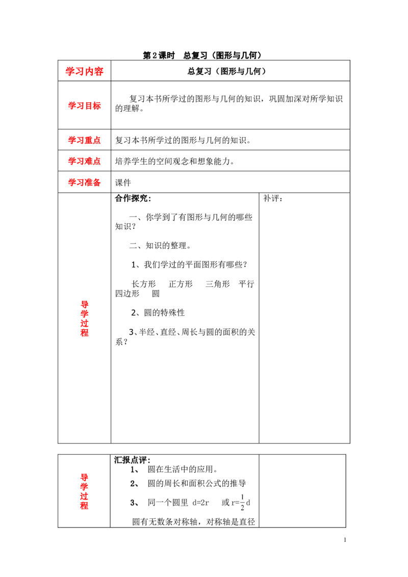 第2课时总复习（图形与几何）_小学1-6年级全部试卷_数学_六年级_3-11-3、小学六年级数学上册_3-11-3-3、课件、讲义、教案_6年级上册-北师大数学全套备课资料_BS六年级数学上册教案2套