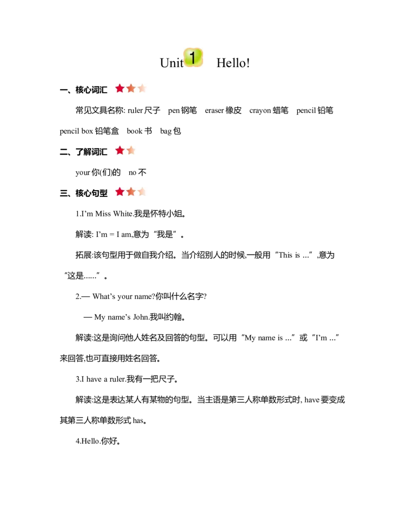 小学三年级上册人教PEP英语：Unit1知识清单_小学1-6年级全部试卷_英语_三年级_3-8-5、小学三年级英语上册_3-8-5-1、复习、知识点、归纳汇总_人教PEP版
