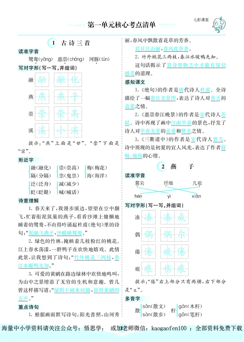 小学三年级下册-部编版语文：第一单元核心考点清单_小学1-6年级全部试卷_语文_三年级_3-8-2、小学三年级语文下册_3-8-2-1、学习资料、复习、知识点、归纳汇总_部编版