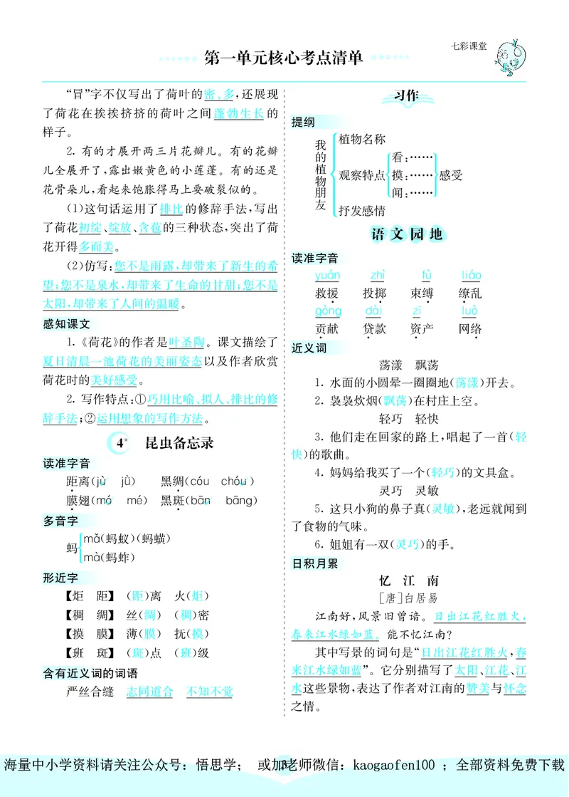 小学三年级下册-部编版语文：第一单元核心考点清单_小学1-6年级全部试卷_语文_三年级_3-8-2、小学三年级语文下册_3-8-2-1、学习资料、复习、知识点、归纳汇总_部编版