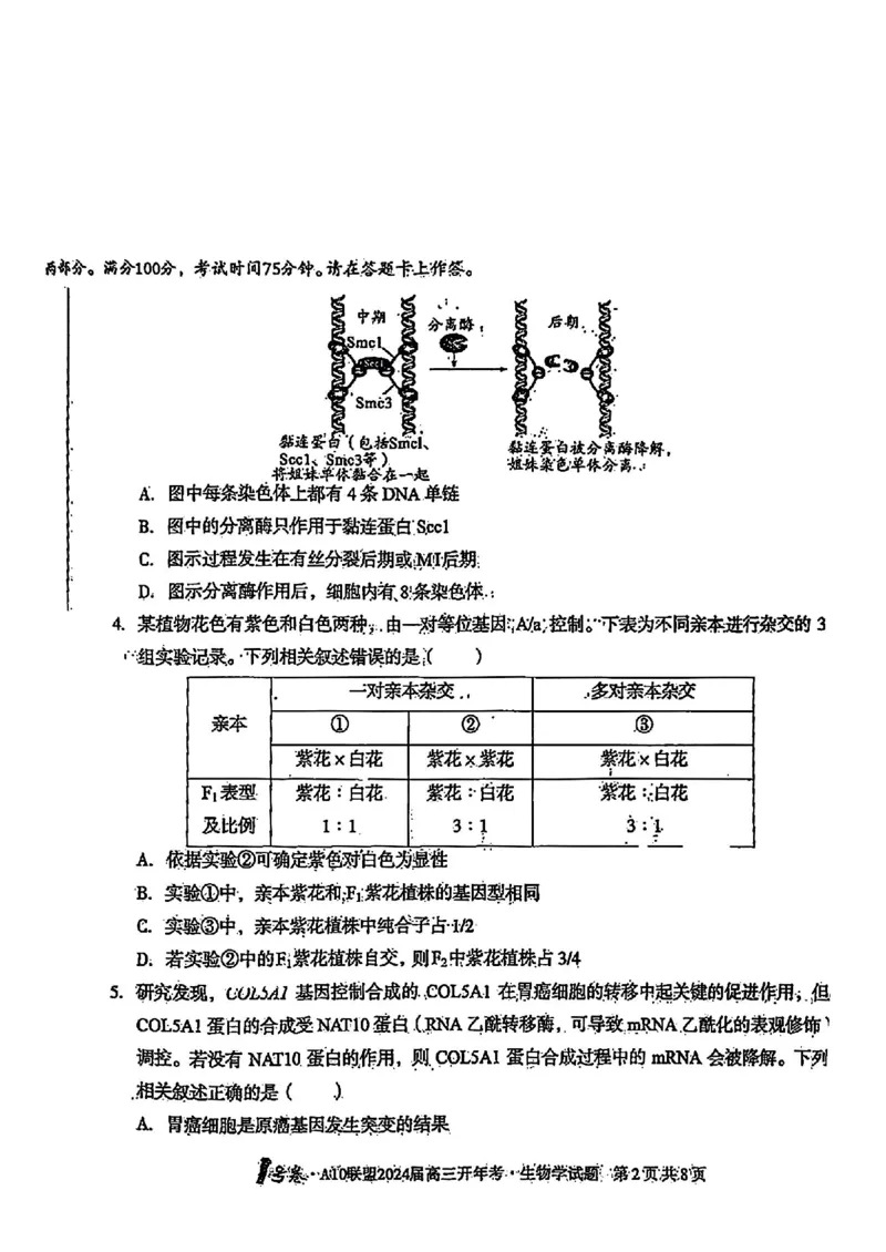 高三生物试题_2024年2月_01每日更新_22号_2024届1号卷A10联盟安徽高三开年考_1号卷A10联盟安徽2024届高三开年考生物