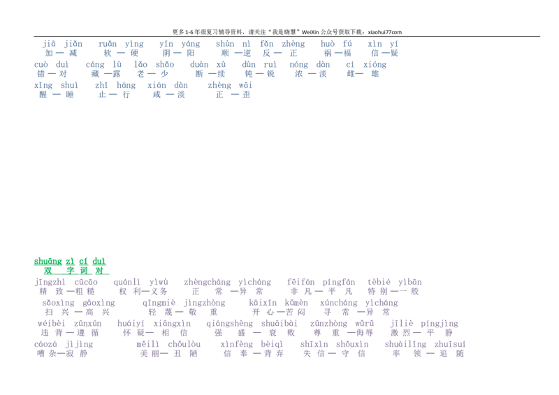 小学一年级上册-反义词带拼音_小学1-6年级全部试卷_语文_一年级_3-6-1、小学一年级语文上册_3-6-1-1、复习、知识点、归纳汇总_通用