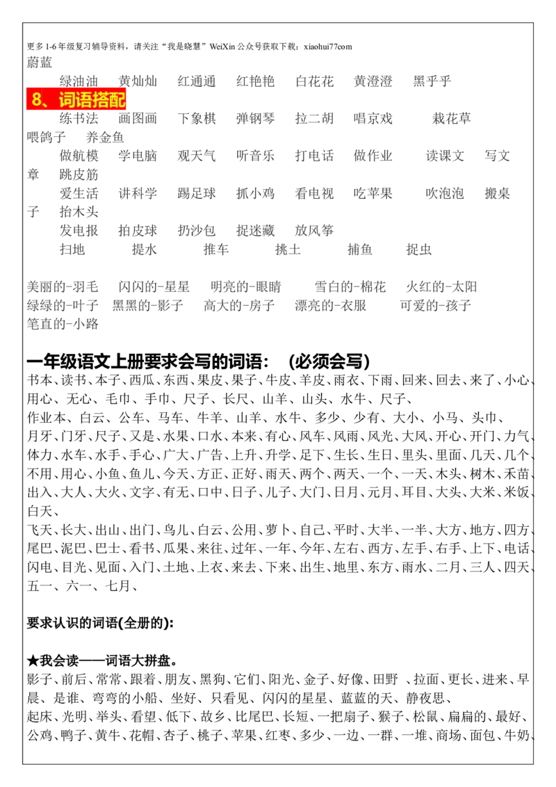 最新人教版一年级语文上册词语积累_小学1-6年级全部试卷_语文_一年级_3-6-1、小学一年级语文上册_3-6-1-1、复习、知识点、归纳汇总_人教版