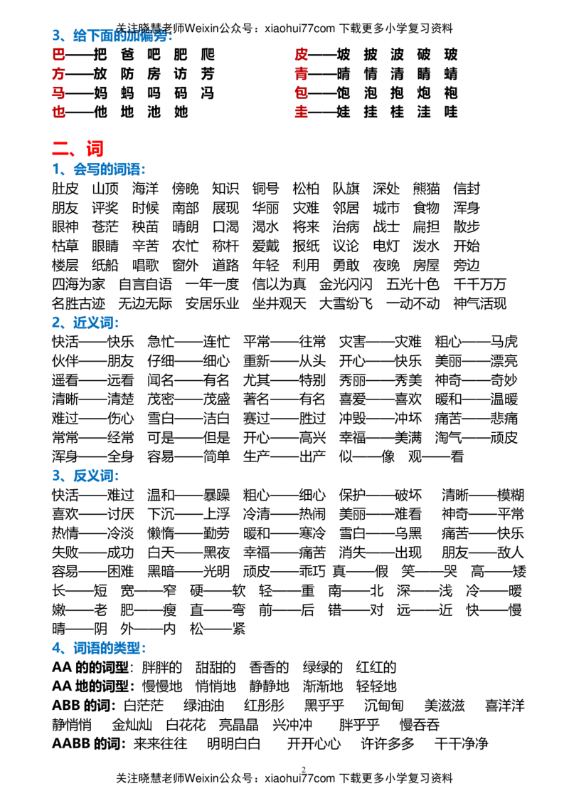 最新人教版二年级上册语文期末总复习_小学1-6年级全部试卷_语文_二年级_3-7-1、小学二年级语文上册_3-7-1-1、复习、知识点、归纳汇总_人教版