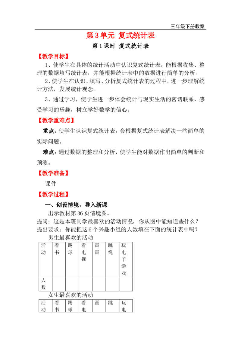 第1课时复式统计表_小学1-6年级全部试卷_数学_三年级_3-8-4、小学三年级数学下册_3-8-4-3、课件、讲义、教案_2.人教版数学三（下）全册教案、导学案_电子教案_电子教案_第3单元复式统计表
