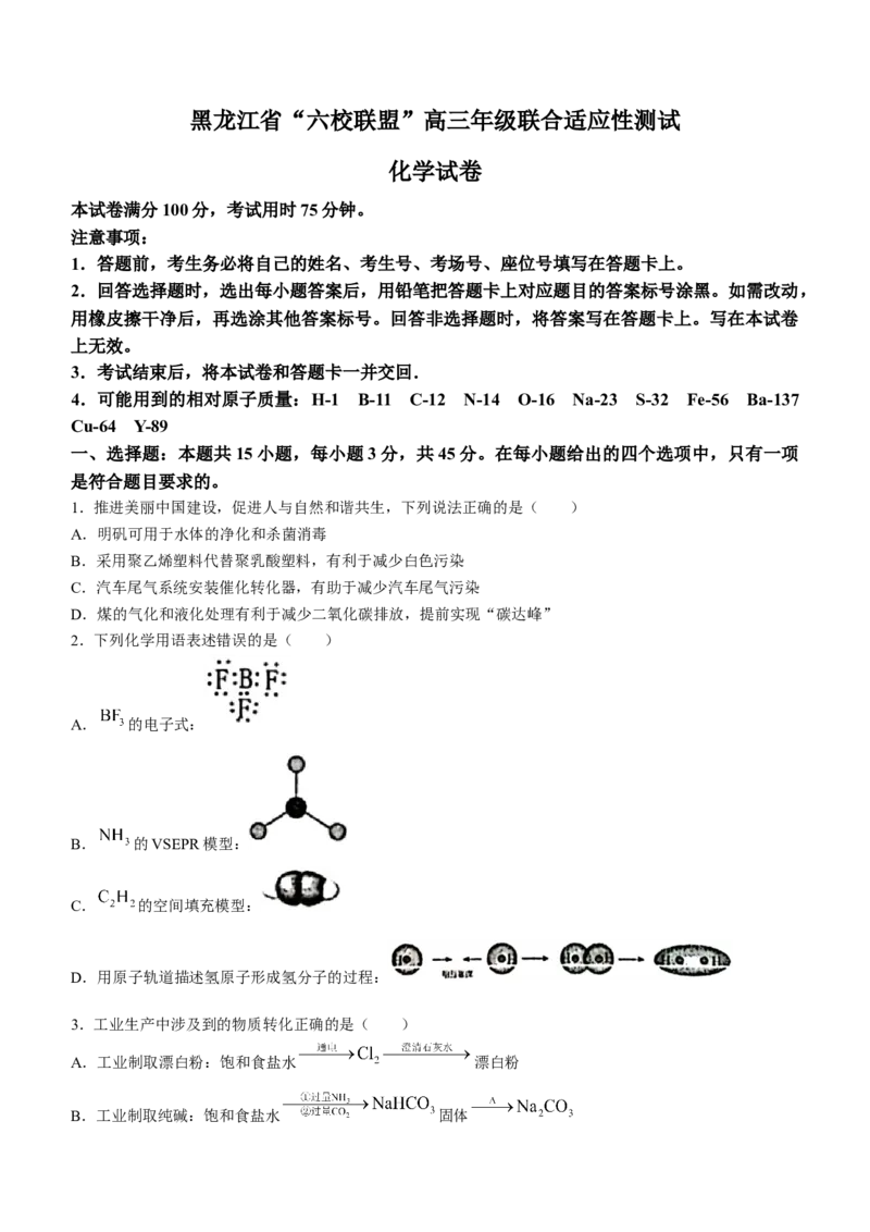 黑龙江省六校联盟2024届高三下学期联合性适应测试化学(1)_2024年2月_022月合集_2024届黑龙江省六校联盟高三下学期联合性适应测试