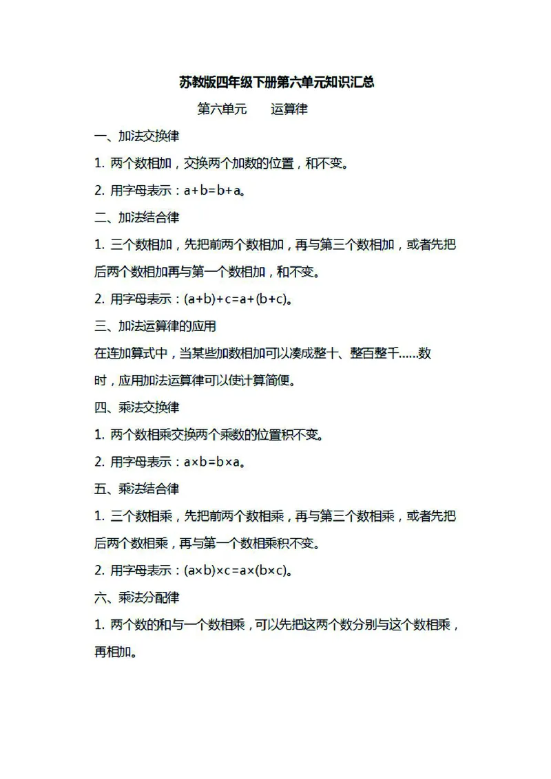 四年级下册数学苏教版知识要点汇总_小学1-6年级全部试卷_数学_四年级_3-9-4、小学四年级数学下册_3-9-4-1、复习、知识点、归纳汇总_苏教版