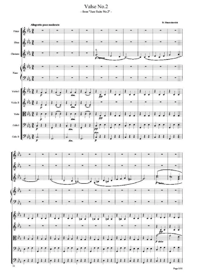 肖斯塔科维奇爵士组曲No.2&ldquo;Waltz&rdquo;单开版总谱_一万首著名钢琴曲谱哈农贝多芬合集视频教学电子版高清无水印可打印_08名曲总谱合集