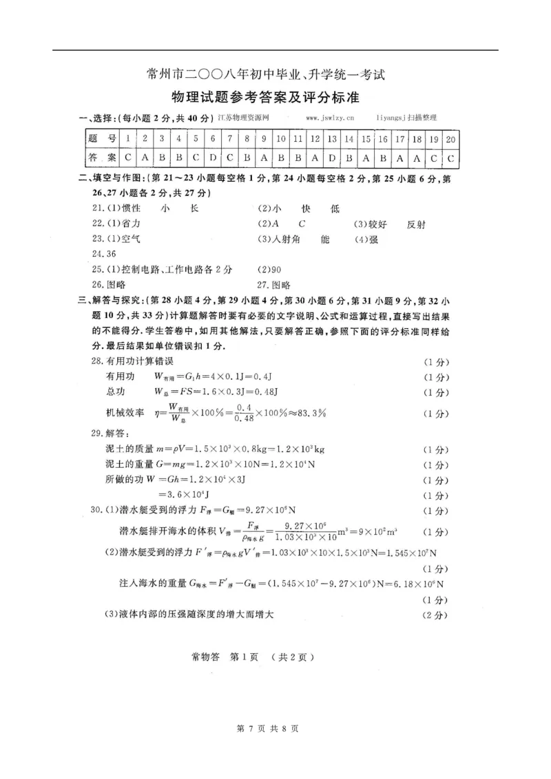2008年江苏省常州市中考物理试题及答案_中考真题_4.物理中考真题2015-2024年_地区卷_江苏省_江苏常州中考物理08-22