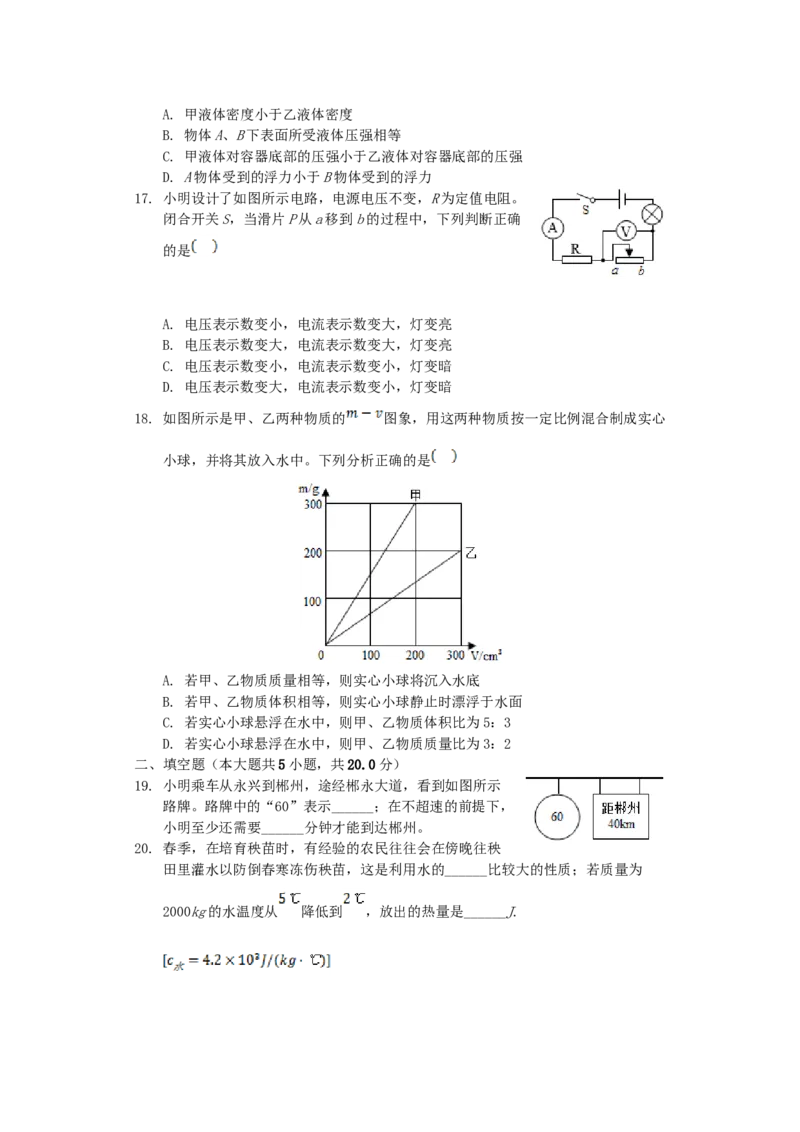 2020年湖南省郴州市中考物理真题及答案_中考真题_4.物理中考真题2015-2024年_地区卷_湖南省_郴州物理17-22
