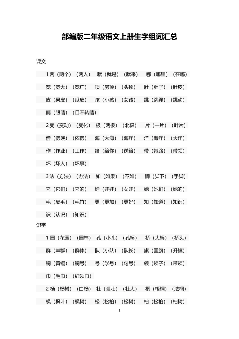 部编版二年级语文上册生字组词汇总_小学1-6年级全部试卷_语文_二年级_3-7-1、小学二年级语文上册_3-7-1-1、复习、知识点、归纳汇总_部编版