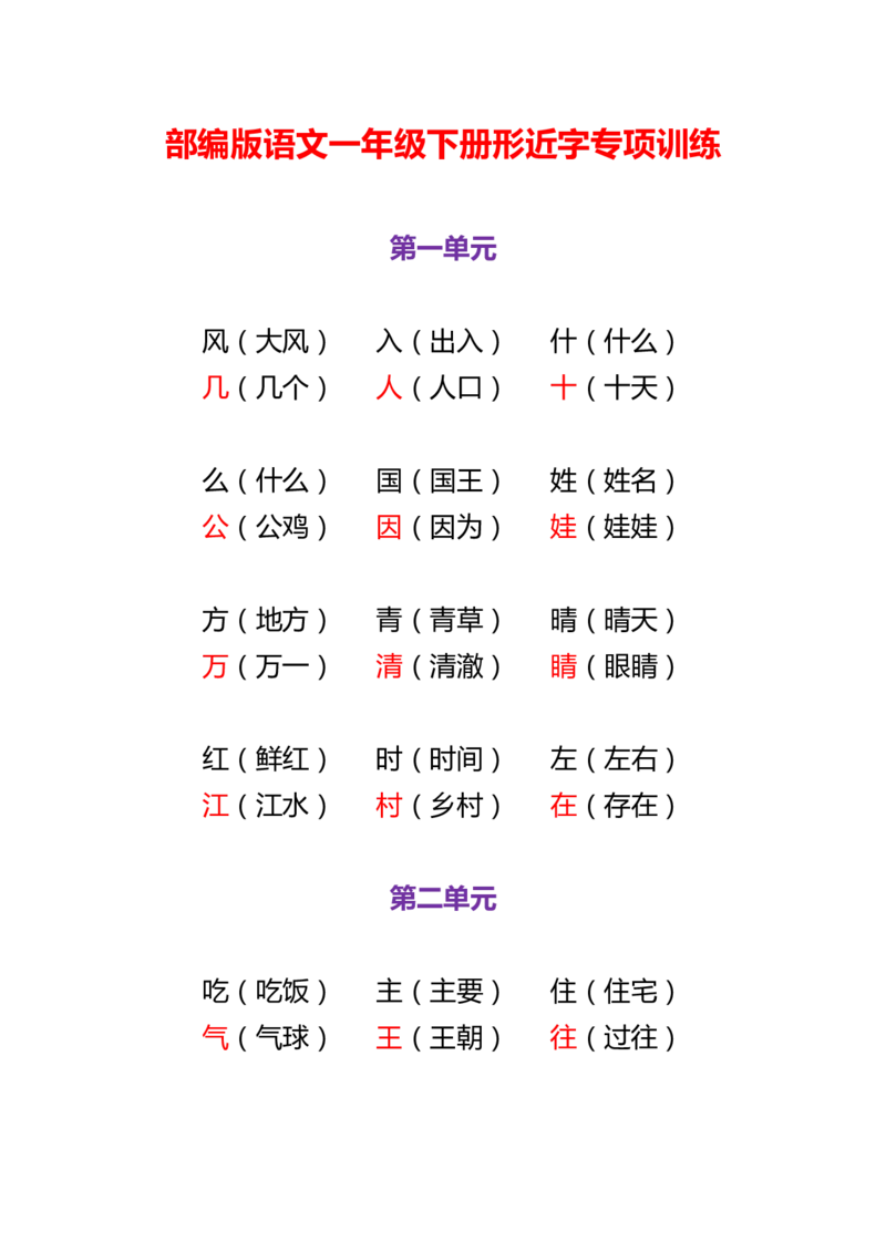 部编版语文一年级下册形近字专项训练_小学1-6年级全部试卷_语文_一年级_3-6-2、小学一年级语文下册_3-6-2-2、练习题、作业、试题、试卷_部编（人教）版_专项练习