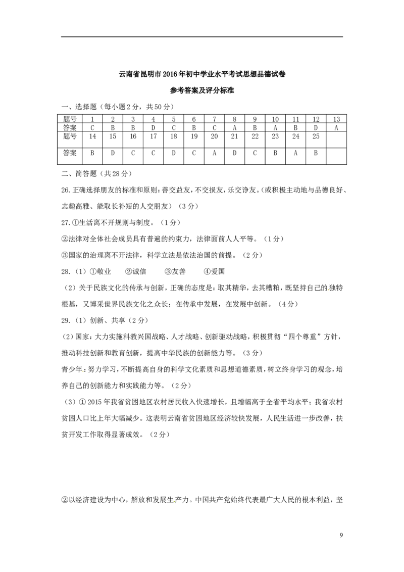云南省昆明市2016年中考政治真题试题（含答案）_7.政治中考真题2015-2024年_2016年全国中考政治91份