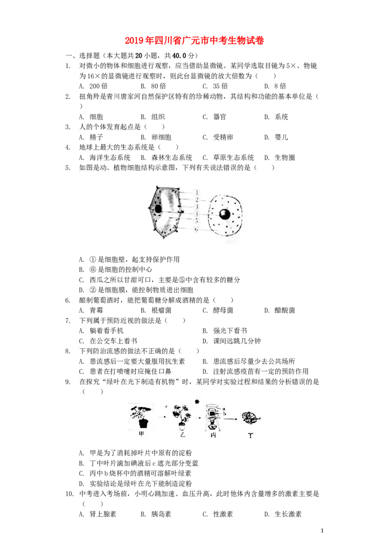 四川省广元市2019年中考生物真题试题（含解析）_8.生物中考真题2015-2024年_2019年全国中考生物92份