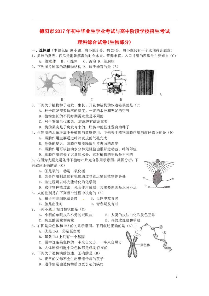 四川省德阳市2017年中考生物真题试题（含答案）_8.生物中考真题2015-2024年_2017年全国中考生物124份