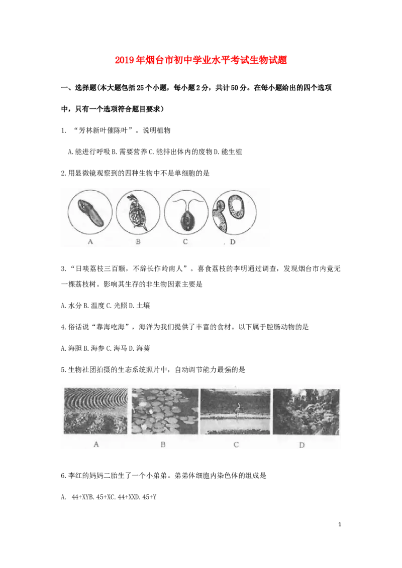 2019烟台市中考生物试题及答案(word版)_8.生物中考真题2015-2024年_地区卷_山东省_烟台中考生物08-22