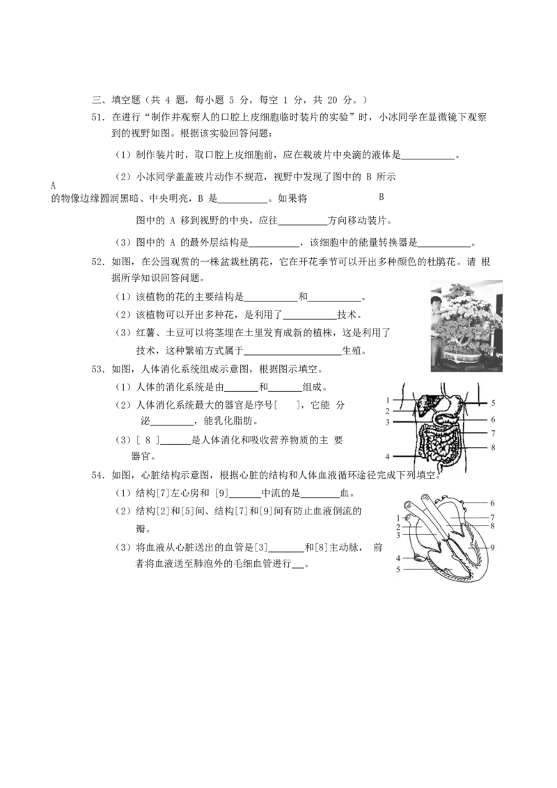 2019年湖南省郴州市中考生物真题及答案_8.生物中考真题2015-2024年_地区卷_湖南省_郴州生物17-22缺21
