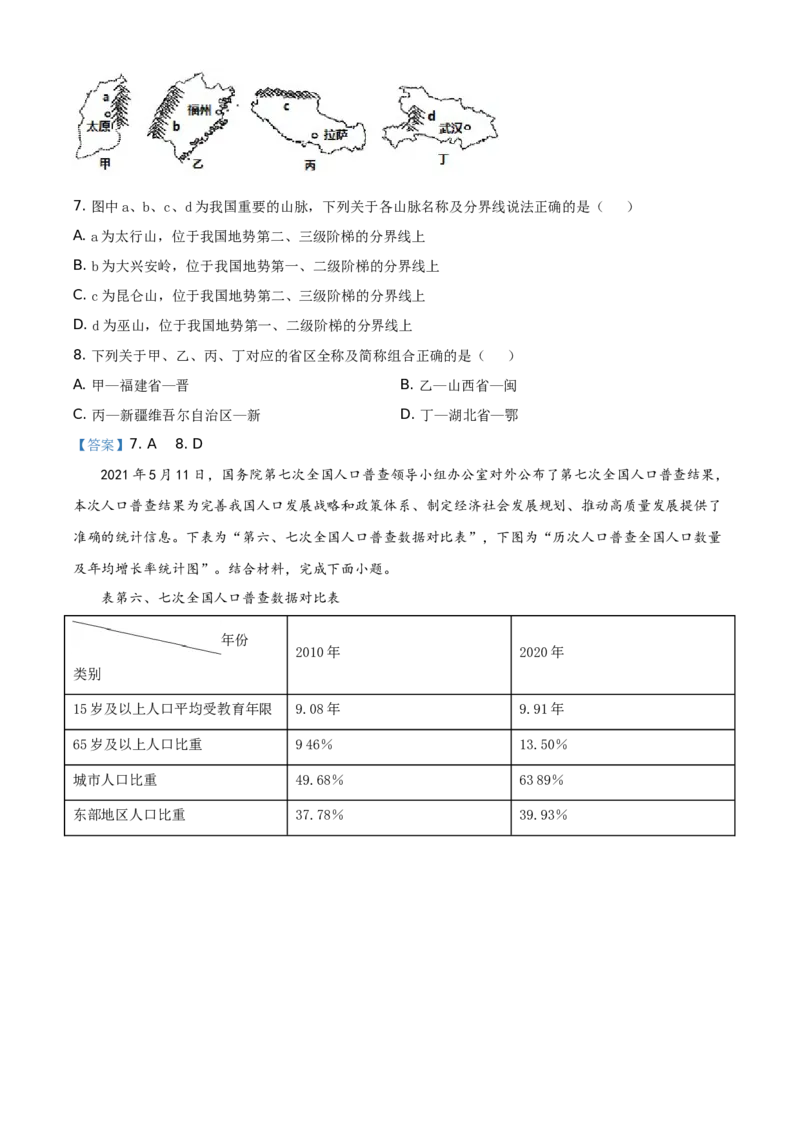 四川省南充市2021年中考地理真题（答案版）_9.地理中考真题2015-2024年_地区卷_四川省_四川南充地理17-22