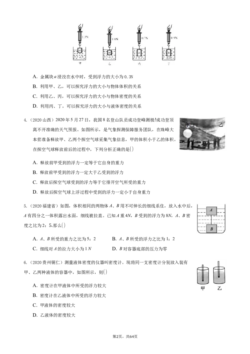 2020全国物理中考题分类汇编8&mdash;《浮力》_中考真题_4.物理中考真题2015-2024年_2020中考物理真题110份_2020全国物理中考题分类汇编