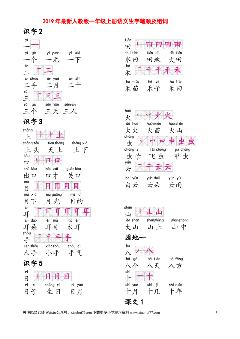 部编人教版一年级上册生字笔顺组词(打印显示全部）_小学1-6年级全部试卷_语文_一年级_3-6-1、小学一年级语文上册_3-6-1-1、复习、知识点、归纳汇总_部编版
