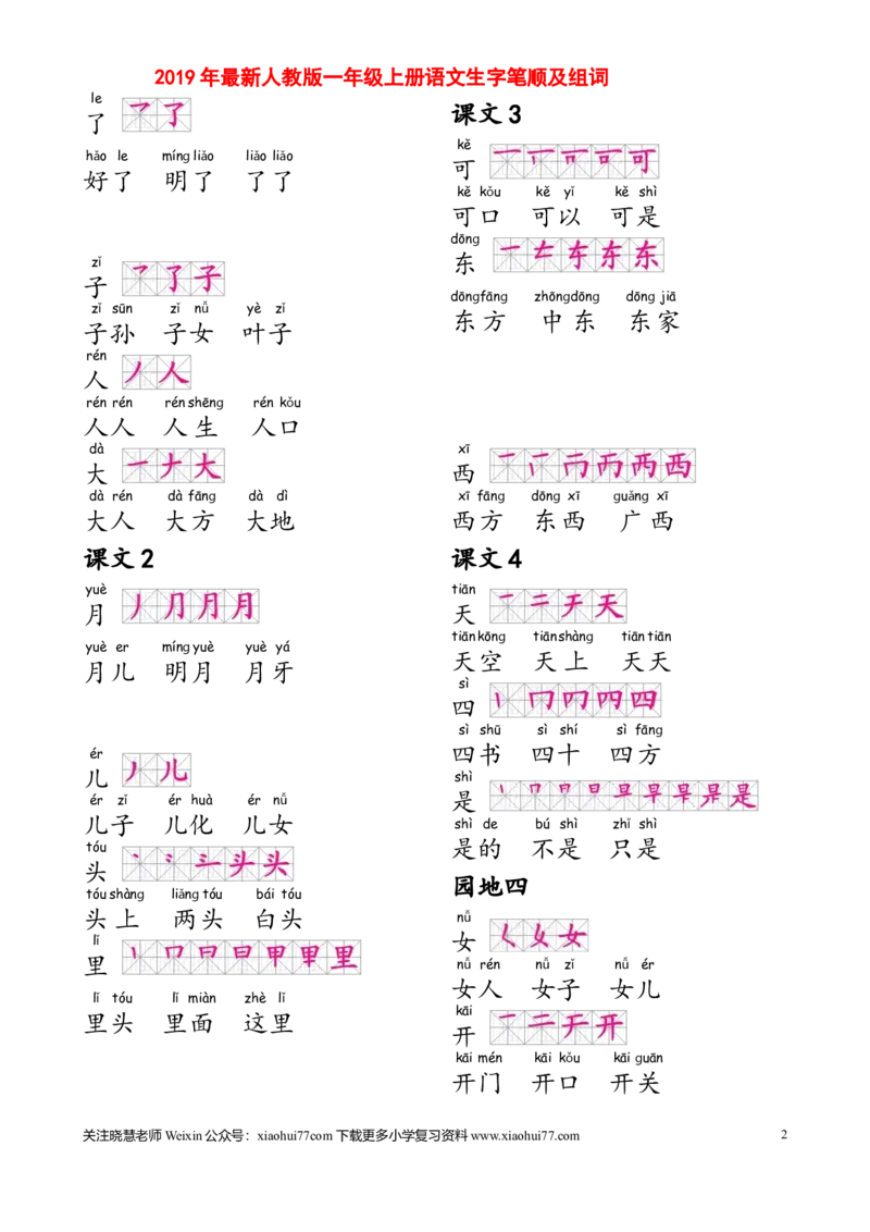 部编人教版一年级上册生字笔顺组词(打印显示全部）_小学1-6年级全部试卷_语文_一年级_3-6-1、小学一年级语文上册_3-6-1-1、复习、知识点、归纳汇总_部编版