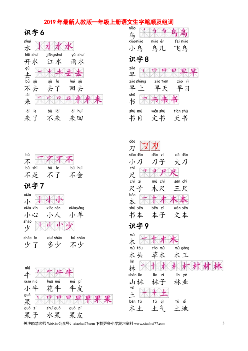 部编人教版一年级上册生字笔顺组词(打印显示全部）_小学1-6年级全部试卷_语文_一年级_3-6-1、小学一年级语文上册_3-6-1-1、复习、知识点、归纳汇总_部编版